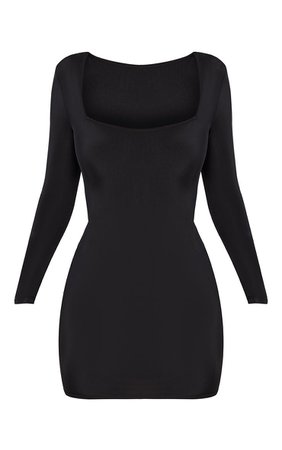 *clipped by @luci-her* Black Slinky Square Neck Bodycon Dress | PrettyLittleThing USA