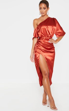 Rust Satin One Shoulder Ruched Skirt Midi Dress | PrettyLittleThing USA