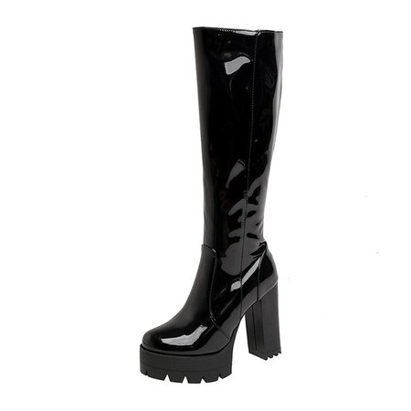 Gdgydh Patent Leather Platform Long Boots Gothic Black White Fashion Square Heel Knee High Boots Women With Zipper Good Quality|Knee-High Boots| - AliExpress