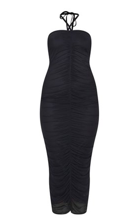 Black Mesh Ruched Halterneck Midaxi Dress | PrettyLittleThing USA