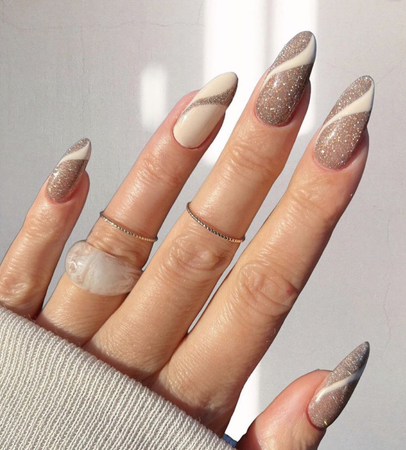 beige and white nail art with sparkles