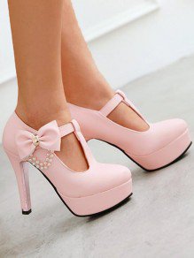 Pale pink Round Toe Chunky Platform Pumps Bow Cross Strap Sweet Wedding Prom High-Heeled Shoes - Pumps/Heels - Shoes