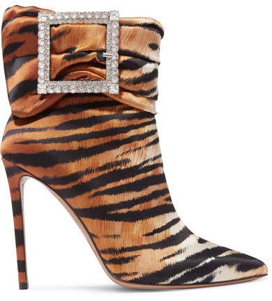 Yasmine Embellished Tiger-print Satin Ankle Boots - Tan