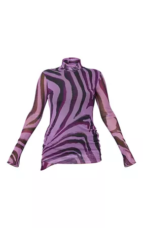 Purple Zebra Print Mesh Lettuce Hem Bodycon Dress | PrettyLittleThing USA