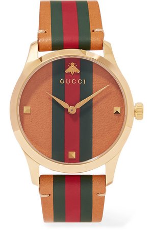 Gucci | G-Timeless Uhr mit gestreiftem Leder und goldfarbenen Details | NET-A-PORTER.COM