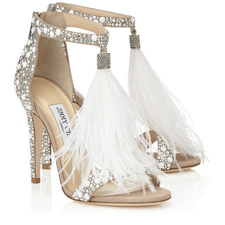 White Suede and Hot Fix Crystal Embellished Sandals with an Ostrich Feather Tassel | Viola 110 | Cruise 16 | JIMMY CHOO