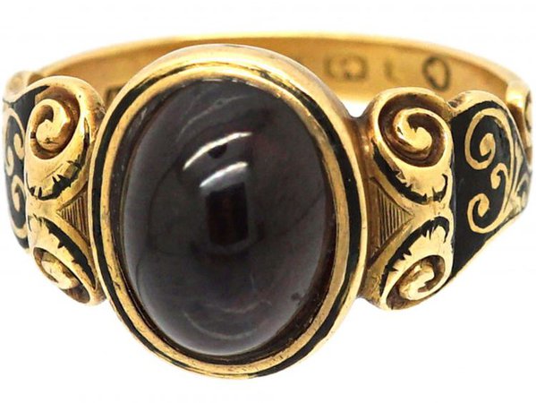 Victorian 18ct Gold, Black Enamel & Cabochon Garnet Mourning Ring (758S) | The Antique Jewellery Company
