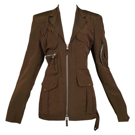 Vintage Jean Paul Gaultier Brown Pinstripe Utility Blazer Jacket For Sale at 1stdibs