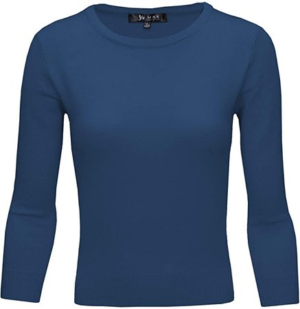 YEMAK Women's 3/4 Sleeve Crewneck Lightweight Basic Casual Knit Pullover Sweater MK3636-NAV-L at Amazon Women’s Clothing store