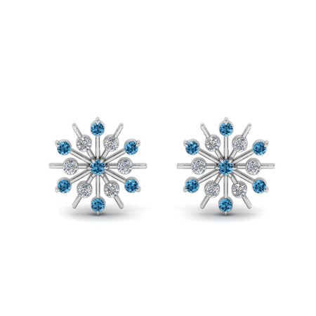 Diamond Snowflake Stud Earring With Blue Topaz In 950 Platinum | Fascinating Diamonds
