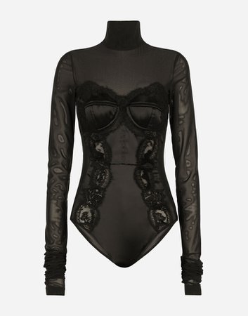Women's Shirts and Tops in Black | Long-sleeved lace bodysuit | Dolce&Gabbana