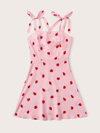 Strawberry Print Knot Straps Cami Dress | ROMWE