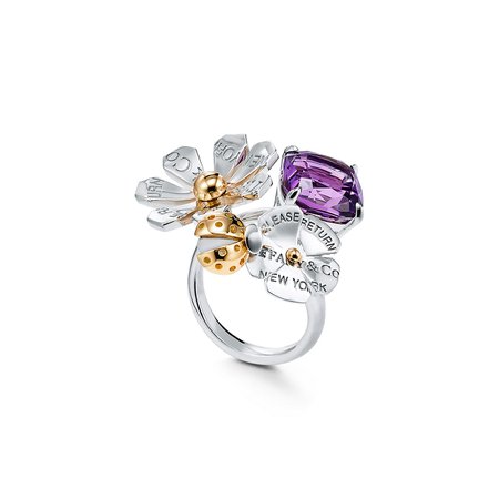 Return to Tiffany® Love Bugs amethyst ladybug flower ring in silver and gold. | Tiffany & Co.