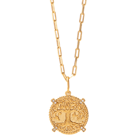 GOLD "LIFE IS A GIFT" TREE COIN PENDANT WITH SWAROVSKI CRYSTALS + DAINTY RECTANGLE CHAIN 18-20"