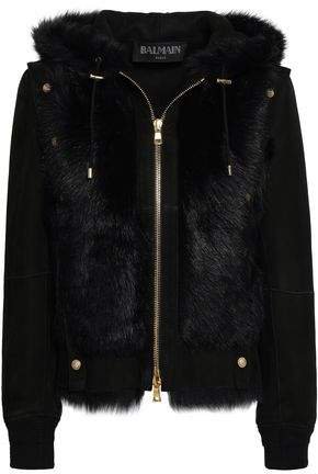 Button-embellished Shearling Hooded Jacket