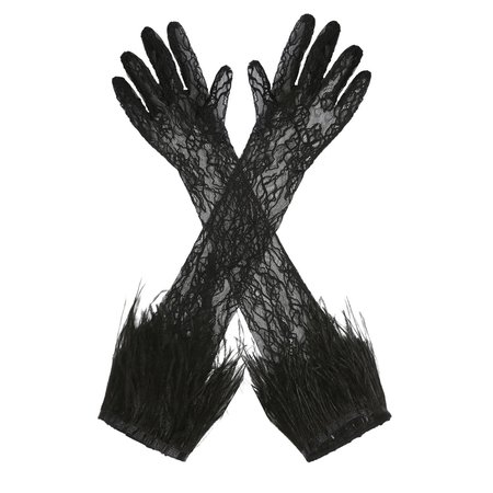 Black Lavine Gloves: Designer Long with Feather Detail Lace Black Gloves | Nana Jacqueline