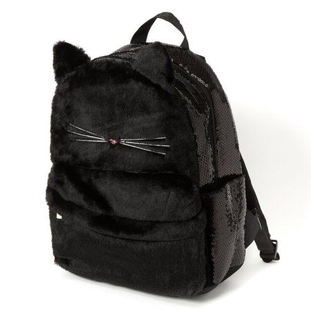 Plush Sequin Cat Medium Backpack - Black | Claire's US