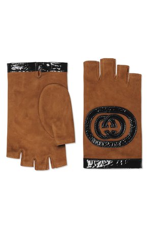 Gucci Logo Suede Fingerless Gloves Brown
