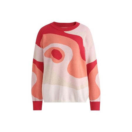 Women's Mock Neck Long Sleeve Abstract Print Color Block Loose Sweater Pink Red