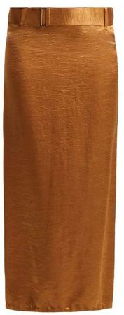 Belted Crinkled Satin Skirt - Womens - Brown
