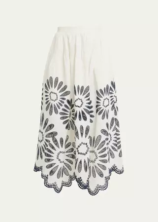 Ulla Johnson Annisa Embroidered Linen Cotton Scalloped Midi Skirt - Bergdorf Goodman