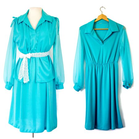 Vintage 1970's Aqua Blue Dress with Matching Vest Sheer | Etsy