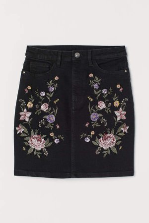 Denim Skirt with Embroidery - Black
