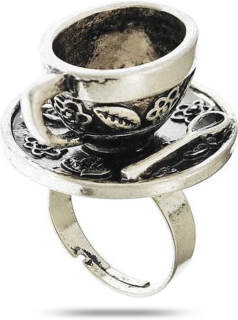 Amazon.com: RechicGu Antique Silver Vintage Fairytale 3D Tea Cup Saucer Ring Party Fairy Tale Hatter Wonderland Cosplay Fancy Dress : Clothing, Shoes & Jewelry