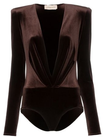 Brown Alexandre Vauthier Padded-Shoulder Plunge Bodysuit | Farfetch.com