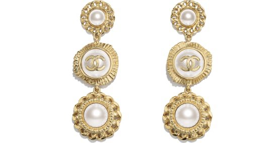 Earrings, metal, glass pearls & resin, gold & pearly white - CHANEL