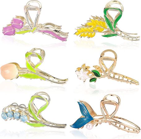 Amazon.com : Noverlife 6PCS Metal Flower Hair Claw Clips, Non-Slip Floral Hair Barrette, with Lily Tulip Wheat Lily of The Valley Mermaid Tail Design, Metal Gold Strong Hold Hair Clamps for Woman Thick & Thin Hair : Beauty & Personal Care