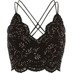 River Island Black lace sequin strappy bralette (3.530 RUB) ❤ liked on Polyvore featuring tops, crop tops, shirts, black, crop tops / bralets, women, lace up front top, sequin tops, lace-up tops and cami crop top