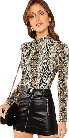 Floerns Women's Long Sleeve Mock Neck Slim Snakeskin T-Shirt Tops at Amazon Women’s Clothing store