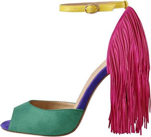 Amazon.com | Richealnana Women's Slim Heel Fringe One Band Buckle Sandals Peep Toe Ankle Strap Shoes Multicolored Size 8 | Heeled Sandals