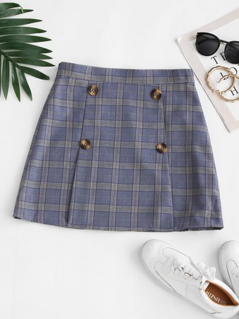 [33% OFF] 2020 ZAFUL Plaid Mock Buttons A Line Skirt In BLUE GRAY | ZAFUL