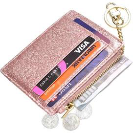 Card Holder Wallet Keychain Rose Gold Glitter Zip