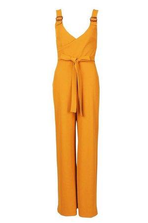 Linen Look Wrap Front Buckle Jumpsuit | Boohoo yellow