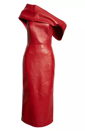Alexander McQueen One-Shoulder Draped Leather Midi Dress | Nordstrom