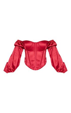Scarlet Satin Bardot Balloon Sleeve Corset Top | PrettyLittleThing