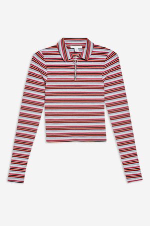 Long Sleeve Stripe Zip Polo Top - T-Shirts - Clothing - Topshop