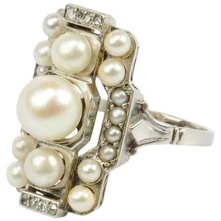 Pearl Ring with Diamonds French Art Deco Certified Natural Uncultured For Sale at 1stDibs
