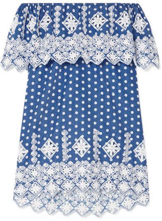 Agnes Off-the-shoulder Crocheted Polka-dot Cotton-voile Mini Dress - Cobalt blue