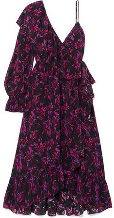 Les Rêveries - Asymmetric Ruffled Floral-print Silk-crepe Wrap Dress - Black