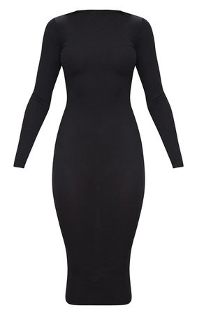 Basic Black Ribbed Long Sleeve Midi Dress | PrettyLittleThing USA
