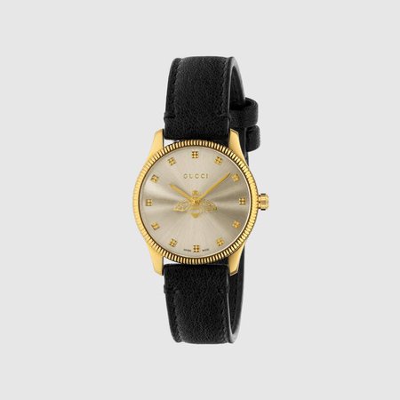 G-Timeless Watch, 29mm In Black Leather & Yellow Gold PVD | GUCCI® TR