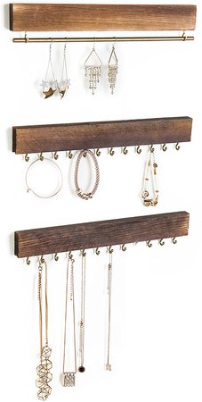 MyGift 3-Piece Wall-Mounted Rustic Wood & Gold Tone Metal Jewelry Organizers / 24 Hook Necklace & Bracelet Racks/Hanging Earring Bar: Home & Kitchen