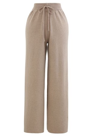 Straight Leg Drawstring Waist Knit Pants in Tan - Retro, Indie and Unique Fashion