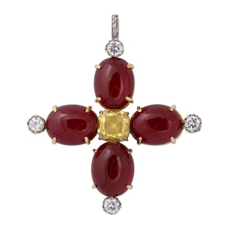 Designer Man Made Cabochon Ruby Yellow Sapphire Gold And Sterling Cross Pendant