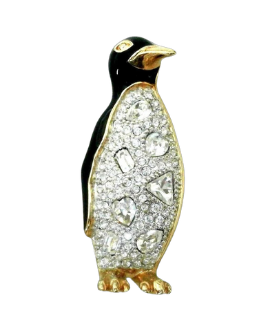 Swarovski Signed Pin Brooch Gold Plated Penguin set with Clear Crystals