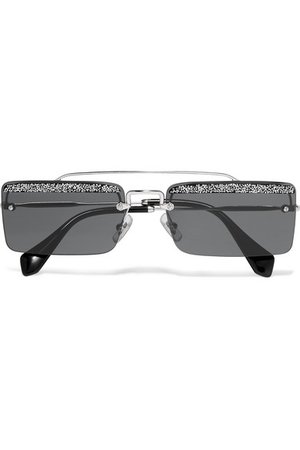 Miu Miu | Crystal-embellished square-frame silver-tone and acetate sunglasses | NET-A-PORTER.COM